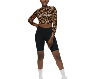 Bachatera Leopard Animal Print long-sleeve Dance Crop Top