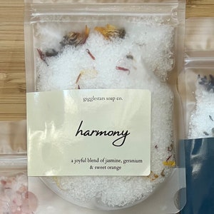 Harmony, 2 oz pouch, Floral Blend Essential Oil Mineral Bath Salts, Spa Gift, Relaxation & Detox, Self Care, Dead Sea Salt, Mind Body