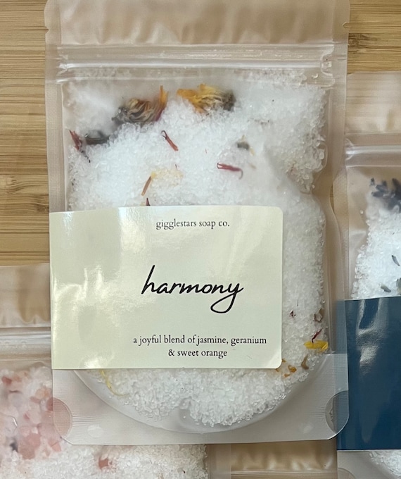 Harmony, 2 oz pouch, Floral Blend Essential Oil Mineral Bath Salts, Spa Gift, Relaxation & Detox, Self Care, Dead Sea Salt, Mind Body