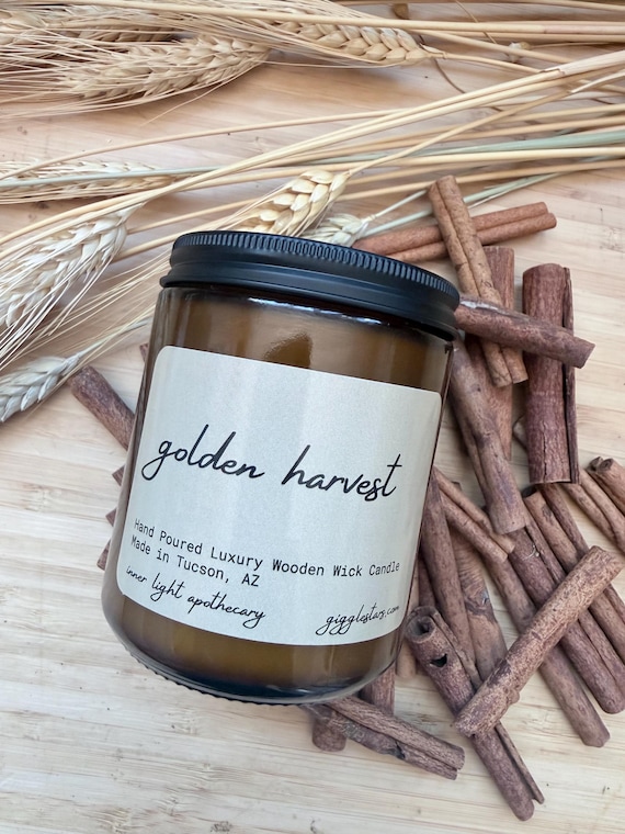 Cardamom and Clove Fall Golden Harvest  Apricot Soy Wax Candle: Wood Wick, Fall Scent, 8 oz