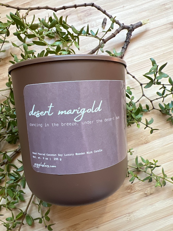 Desert Marigold Candle herbal and  fresh piquant Apricot Soy Wax, Wooden Wick 8 oz