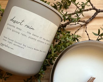 Desert Rain Candle - Creosote, Vegan Coconut Soy Wax, Wooden Wick