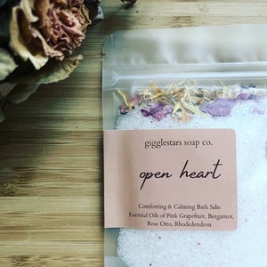 Open Heart Natural Essential Oil Mineral Bath Salts 8 oz Spa Gift, Relaxation, Self Care, Dead Sea Salt, Mind Body, Soak