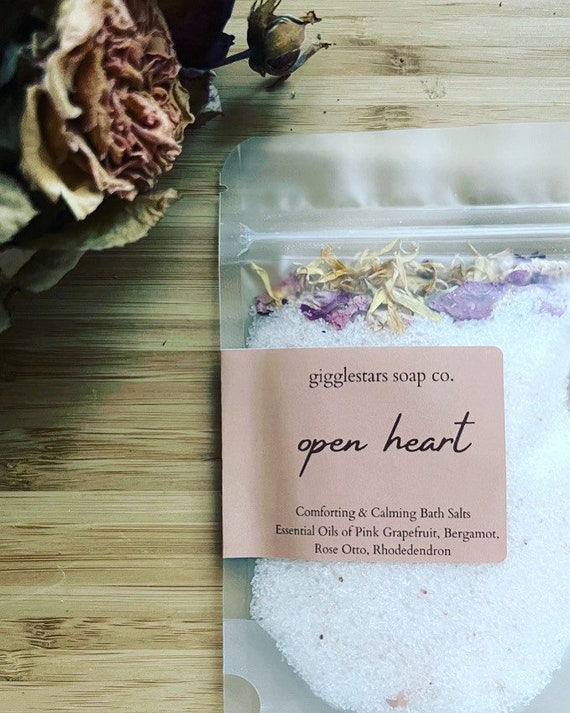 Open Heart Natural Essential Oil Mineral Bath Salts 2 oz, Spa Gift, Relaxation, Self Care, Dead Sea Salt, Bridal Shower Gift, Soak