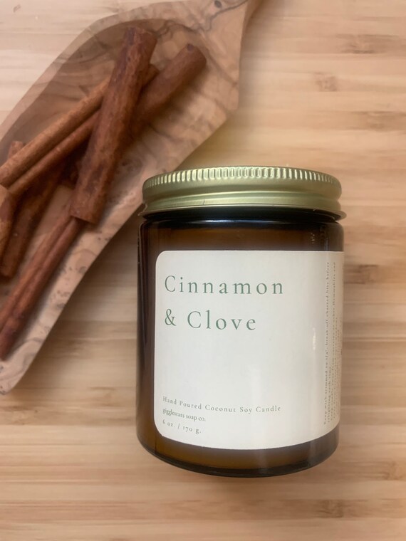 CINNAMON + CLOVE Aromatherapy Botanical Vegan Coconut Soy Wax Non-Toxic Candle Amber Apothecary Jar 6 oz Bridal Gift Spa Housewarming