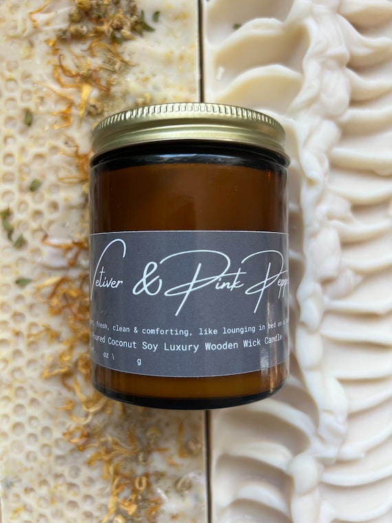 Beautiful complex aroma PINK PEPPER + VETIVER Aromatherapy Botanical Vegan Coconut Soy Wax Non-Toxic Candle Amber Jar  6 oz Housewarming