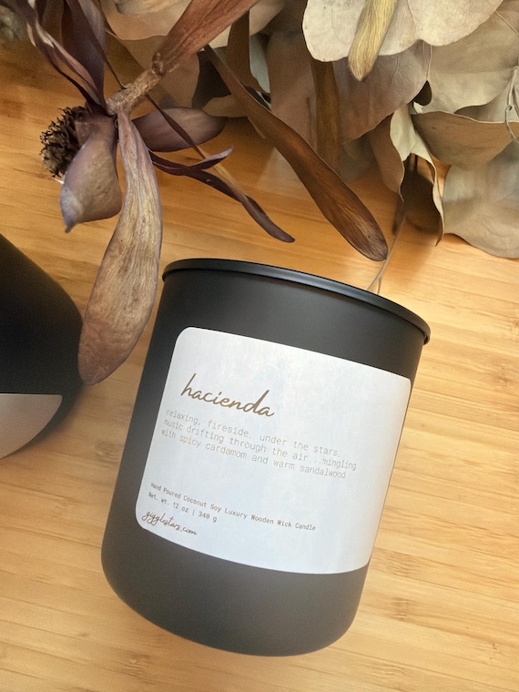Hacienda Santal & Cardamom Candle,  Vegan Apricot  Soy Wax Wooden Wick, 8 oz