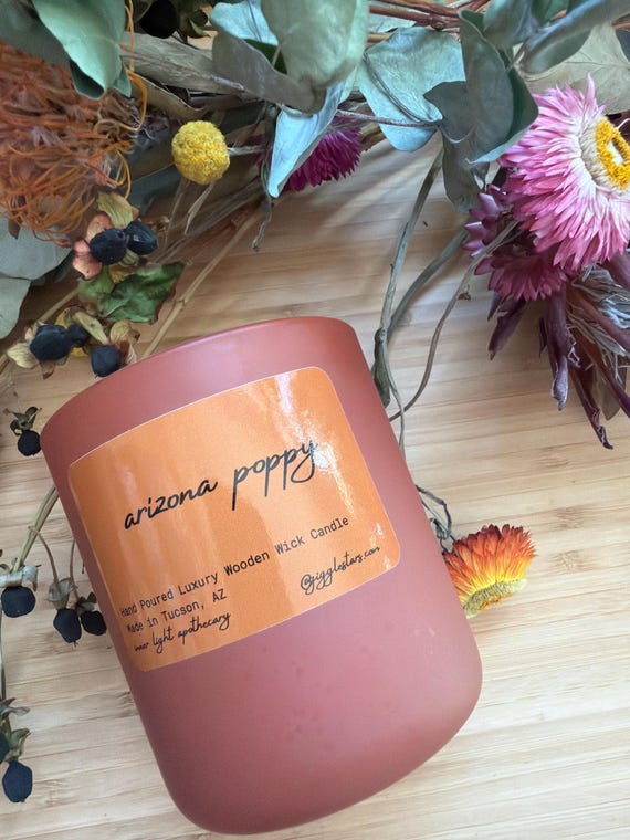 Fresh Floral Blooms of Arizona Poppy, steeped in apricot soy wax and wooden wick