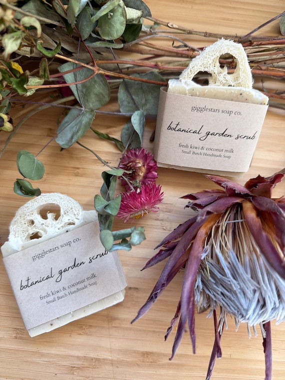 Botanical Garden Scrub Soap | Handmade Kiwi Loofah Exfoliating Soap, Vegan