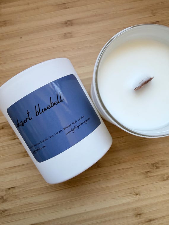 Herbacious fresh floral Desert Bluebell Candle: 12 oz Apricot Soy Wax, Wooden Wick