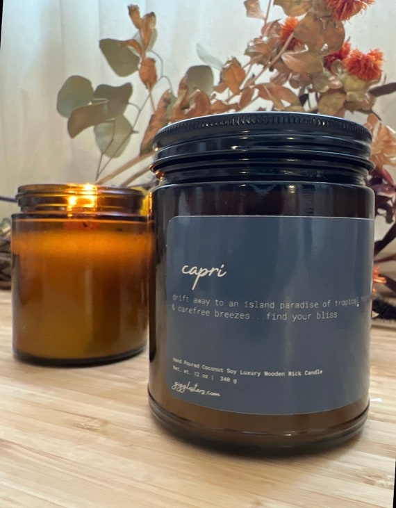 CAPRI Aromatherapy fresh and tropical Hand Poured Luxury Coconut Soy Wax Candle Amber Glass Vessel, Wood Wick, Housewarming, Spa, Vegan