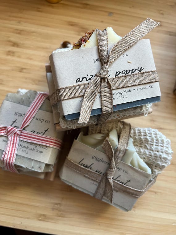 Mini Handmade Soap Gift Set | Wood Dish & Exfoliating Bag