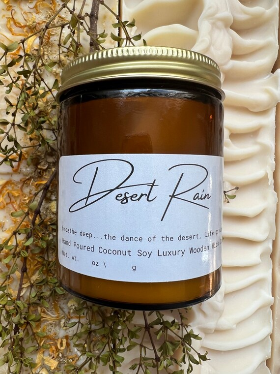 Desert Rain Palo Santo and Sage Aromatherapy Essential Oil Vegan Coconut Soy Wax Non-Toxic Candle Amber Apothecary Jar Gift Spa Housewarming