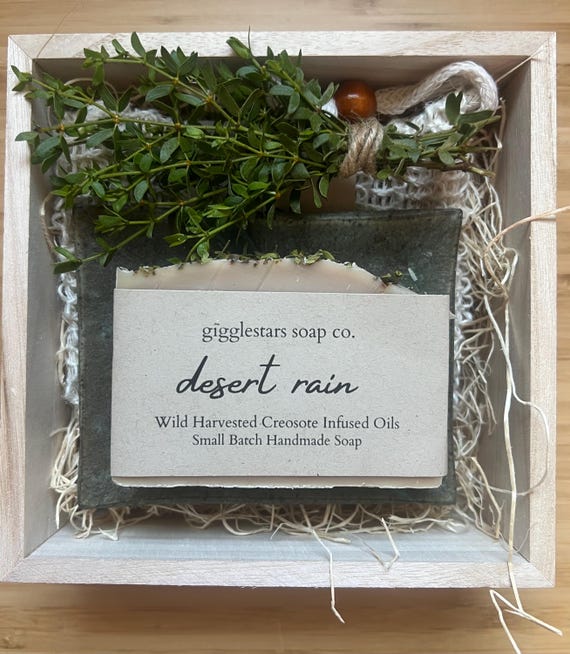 Desert Rain Creosote artisan handmade soap,dish, lip balm set | Gift Box | Friend, Birthday, Mom, RN Cold Process Handmade