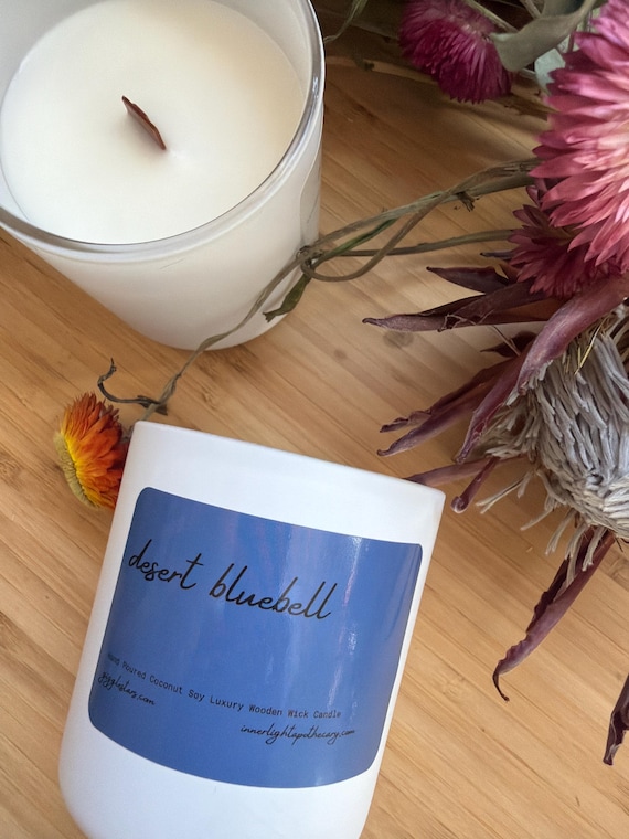Desert Bluebell Candle: 8 oz Apricot Soy Wax, Wood Wick, Fresh Floral Scent, Vegan