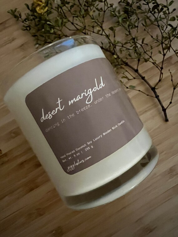Desert Marigold Glass Candle| Vegan Coconut Soy Wax Non-Toxic| phthalate free | Housewarming | Wood Wick