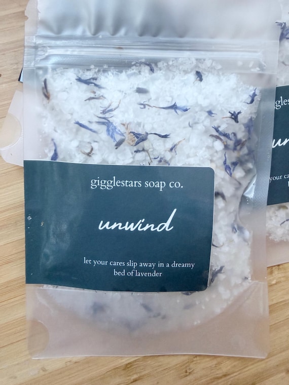 Unwind, 2 oz pouch, Lavender Blend Essential Oil Mineral Bath Salts, Spa Gift, Relaxation, Self Care, Dead Sea Salt, Bridal Shower