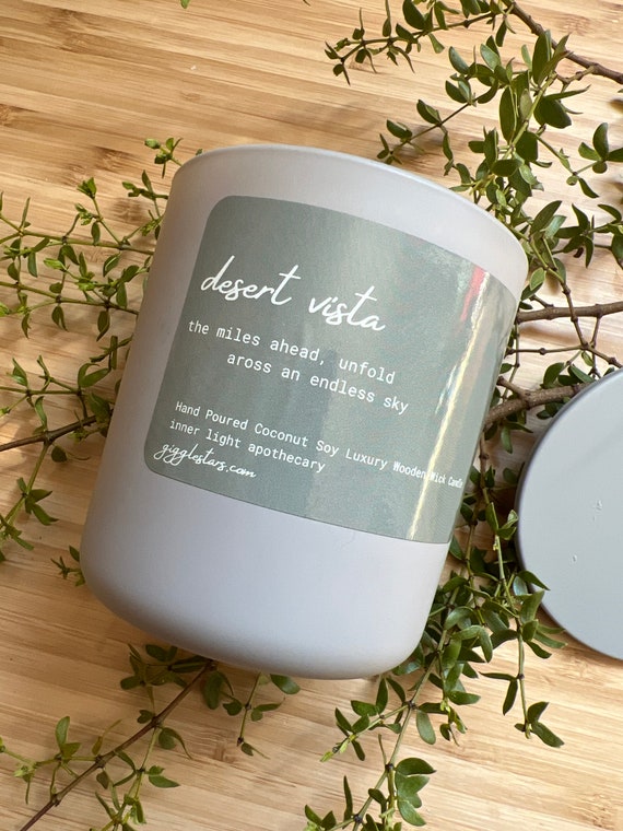 Desert Vista, Coconut Soy Wax Luxury Wooden Wick Candle, Clean Burning, Eco Friendly Stonewashed Matte Glass 8 oz