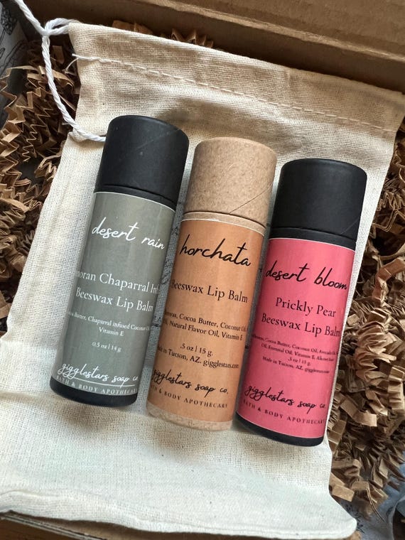Beeswax Lip Balm Trio:  Desert Bloom, Desert Rain and Horchata. Moisturizing Gift, Friend, Coworker, Family, stocking stuffer, Lip Care