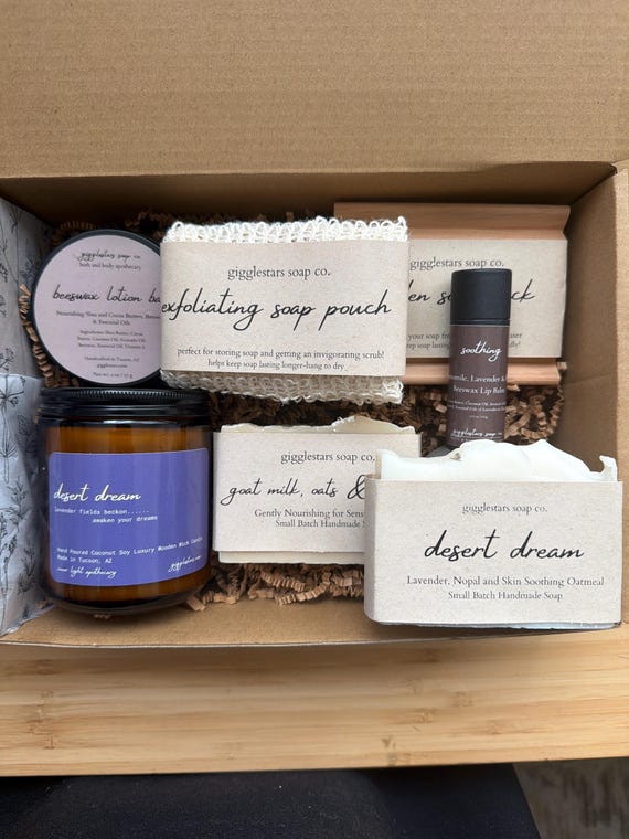 Deluxe Handmade Gift Box Set |  Natural Hand Crafted Soaps, Candle, Soap Dish, Soap Bag, Moisturizing  Lotion Bar, Lip Balm Unisex