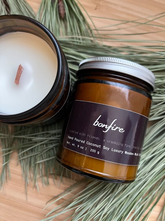 BONFIRE | 8 oz Coconut Soy Wax Luxury Candle with lid  | Wood Wick | Housewarming | Cozy Vibes  | Clean Burning Eco Friendly | Unisex