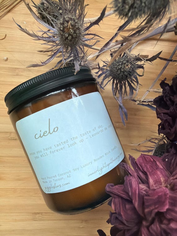 Cielo Aromatherapy fresh and tropical Hand Poured Luxury Apricot Soy Wax Candle Amber Glass Vessel, Wood Wick, Housewarming, Spa, Vegan