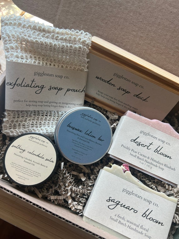 Deluxe Handmade Gift Box Set | Cold Process Natural Hand Crafted Soap| Wood Soap Dish, Sisal Bag, Skin Salve  Lotion Bar  | Spa Gift |