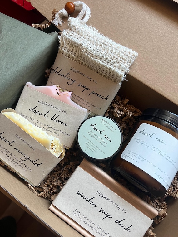 DESERT RAIN Deluxe Desert Theme Handmade unisex gift box set | Cold Process Natural Hand Crafted Soap | Chaparral Salve Palo Santo Candle