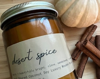 DESERT SPICE Coconut Soy Wax Luxury Amber Apothecary Jar, Wood Wick, Housewarming, fall vibes, Clean Burning,  Unisex, 8 oz