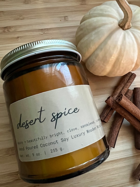 DESERT SPICE Coconut Soy Wax Luxury Amber Apothecary Jar, Wood Wick, Housewarming, fall vibes, Clean Burning,  Unisex, 8 oz