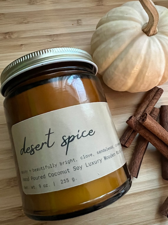 DESERT SPICE Coconut Soy Wax Luxury Amber Apothecary Jar, Wood Wick, Housewarming, fall vibes, Clean Burning  Eco Friendly,  Unisex, 9 oz