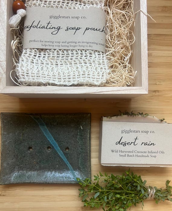 Desert Rain Creosote Soap, Lip Balm, Handmade Soap Dish Gift Set, Cold Process Handmade