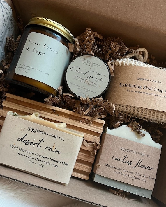 DESERT RAIN Deluxe Desert Theme Handmade unisex gift box set | Cold Process Natural Hand Crafted Soap | Chaparral Salve Palo Santo Candle