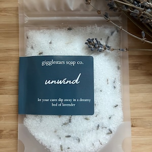 Unwind, 8 oz pouch, Lavender Blend Essential Oil Mineral Bath Salts, Spa Gift, Relaxation, Self Care, Dead Sea Salt, Mind Body