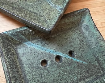 Handmade Rustic Green Ceramic Soap Dish | Well Draining, USA Made
