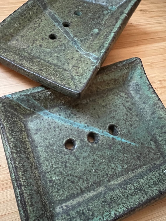 Handmade Rustic Green Ceramic Soap Dish | Well Draining, USA Made