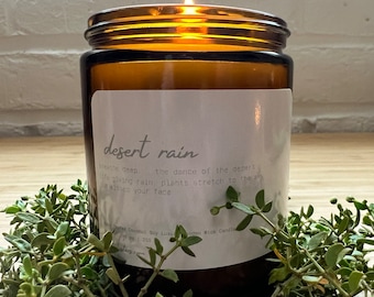 DESERT RAIN - Aromatherapy Desert Living Creosite Oil Vegan Coconut Soy Wax Non-Toxic Candle Amber Apothecary Jar 8 oz  Gift Housewarming