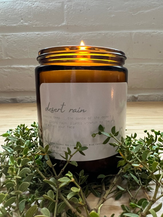 Desert Rain Creosote Vegan Coconut Soy Wax Non-Toxic Candle Amber Apothecary Jar Gift Spa Housewarming, Wooden wick, Gender Neutral gift