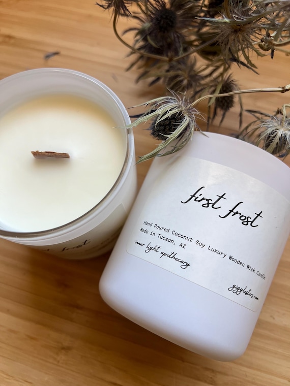 First Frost candle vanilla, mint, cocoa, sea salt and milk chocolate| 8 oz Soy Wax with lid  | Wood Wick | Clean Burn