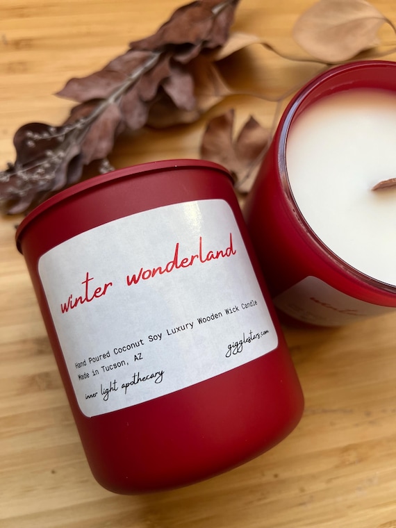 Winter Wonderland, Bergamot Black Tea Coconut Soy Wax Luxury Wooden Wick Candle, Clean Burning, VEGAN  Red Matte Glass 8 oz