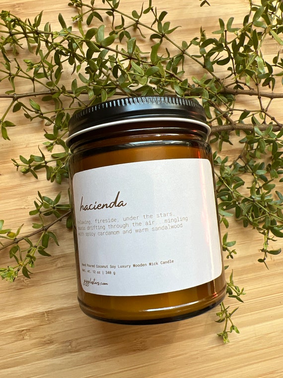 Hacienda, Santal & Cardamom Coconut Soy Wax Luxury Wooden Wick Candle, Clean Burning, Eco Friendly Amber Glass 8 oz