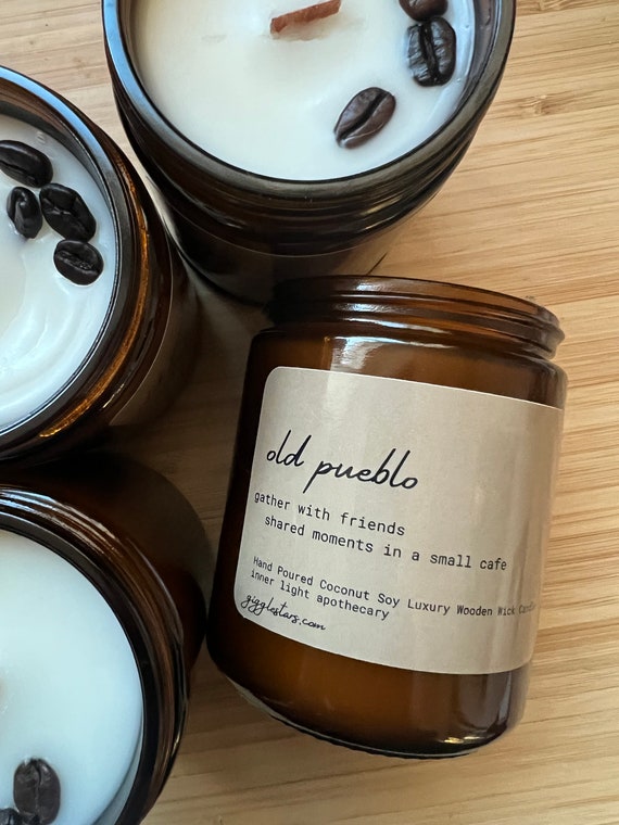 Coffee House Candle, Coconut Soy Wax, Wooden Wick, 9 oz Amber Jar