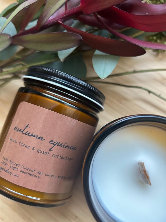 AUTUMN EQUINOX cozy fall  Ltd. Edition Coconut Soy Wax Luxury Wooden Wick Candle, Clean Burning, Eco Friendly, Unisex, Lidded Vessel 8 oz