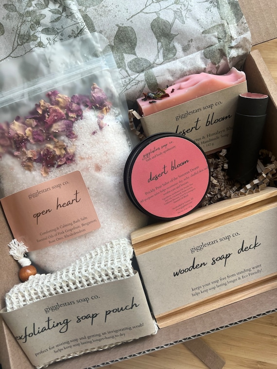 Deluxe Handmade Gift Box Set | Natural Hand Crafted Soap | Bath Salts Wood Soap Dish Sisal Bag Skin Salve Lip Balm Prickly Pear Desert Theme