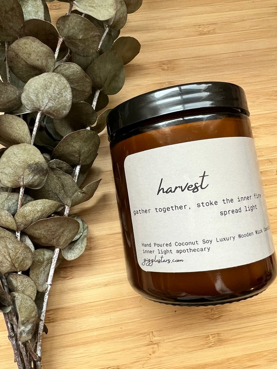 Fall HARVEST warm vanilla Coconut Soy Wax Luxury Wooden Wick Candle, Clean Burning, Eco Friendly, Unisex, Lidded Amber  Vessel 8 oz