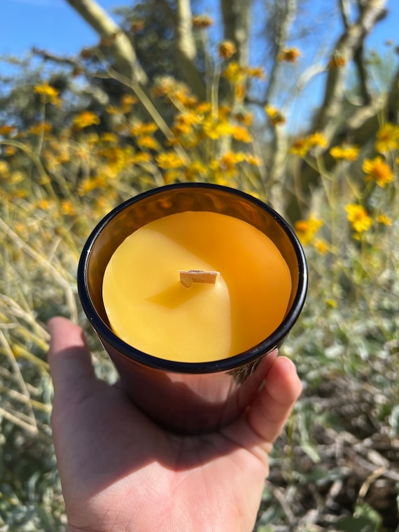 Golden Hour | 12 oz Hand Poured Beeswax Candle Amber Vessel Wood Wick | Unscented Candle Natural Home | Clean Burning Non Toxic Self Care