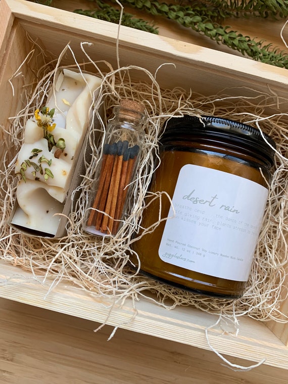 Desert Rain Soap and Candle, Wooden Gift Box, Hostess Thank You, Cold Process Handmade Natural Soap and Clean Burning Candle Unisex