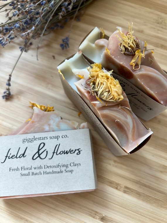 Field & Flowers Floral Handmade Cold Process Botanical Artisan Soap | Vegan | Palm Free | Moisturizing Triple Butter Natural Clay Moisturize