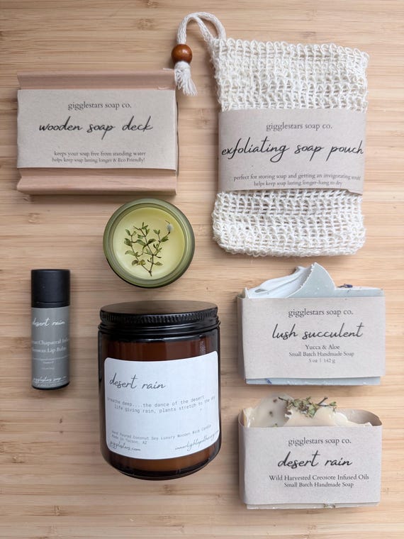 DESERT RAIN Deluxe Desert Theme Handmade unisex gift box set | Cold Process Natural Hand Crafted Soap | Chaparral Salve Desert Rain Candle