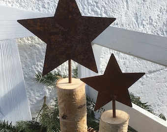 Roststern auf Holz, 2er Set Birkenholz, Rost Stern, Deko Geschenk Weihnachten, Edelrost, Geschenkset